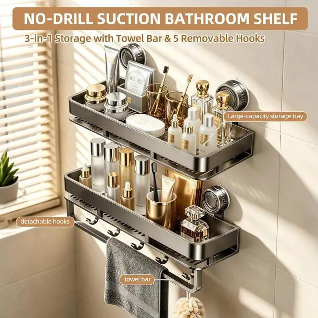 Alt view image 2 of 7 - Suction Cup Shower Caddy, No Drilling Rectangular Shelf for Inside Shower, Heavy Duty Carbon Steel Bathroom Organizer Storage Rack with Towel Bar & Hooks, Rust-Resistant (Grey,2-Pack)