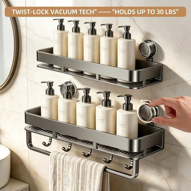Alt view image 4 of 7 - Suction Cup Shower Caddy, No Drilling Rectangular Shelf for Inside Shower, Heavy Duty Carbon Steel Bathroom Organizer Storage Rack with Towel Bar & Hooks, Rust-Resistant (Grey,2-Pack)