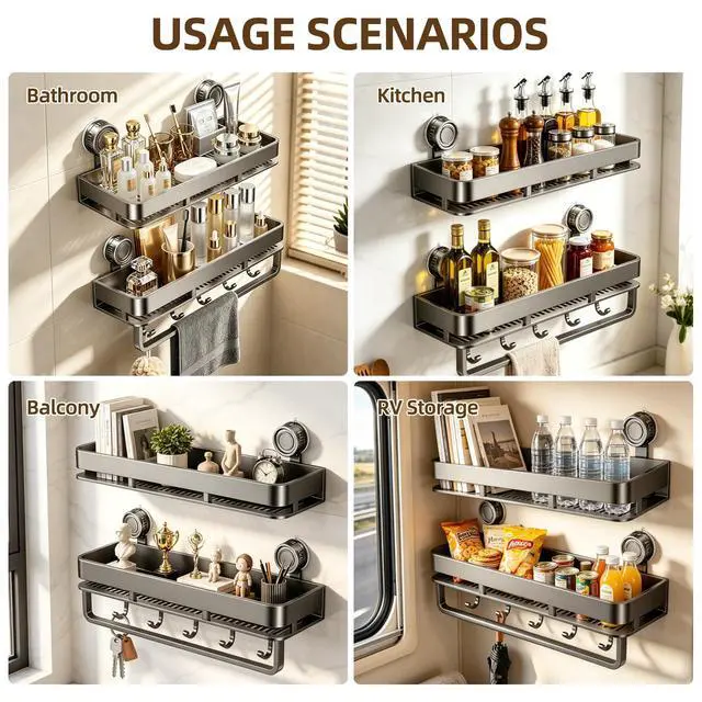 Alt view image 6 of 7 - Suction Cup Shower Caddy, No Drilling Rectangular Shelf for Inside Shower, Heavy Duty Carbon Steel Bathroom Organizer Storage Rack with Towel Bar & Hooks, Rust-Resistant (Grey,2-Pack)
