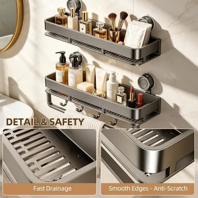 Alt view image 7 of 7 - Suction Cup Shower Caddy, No Drilling Rectangular Shelf for Inside Shower, Heavy Duty Carbon Steel Bathroom Organizer Storage Rack with Towel Bar & Hooks, Rust-Resistant (Grey,2-Pack)