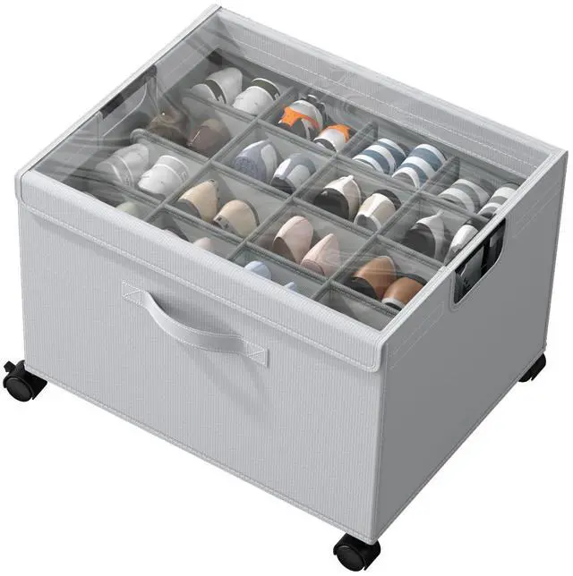 Main image of Shoe Organizer for Closet, Foldable Metal Frame Shoe Storage with Lockable Wheels, Adjustable Dividers & Clear Dust Cover, Holds 16-32 Pairs for Closet and Entryway