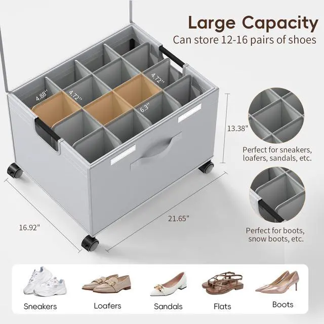 Alt view image 2 of 7 - Shoe Organizer for Closet, Foldable Metal Frame Shoe Storage with Lockable Wheels, Adjustable Dividers & Clear Dust Cover, Holds 16-32 Pairs for Closet and Entryway