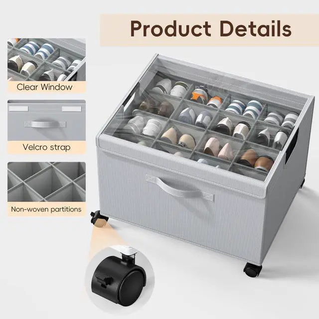 Alt view image 4 of 7 - Shoe Organizer for Closet, Foldable Metal Frame Shoe Storage with Lockable Wheels, Adjustable Dividers & Clear Dust Cover, Holds 16-32 Pairs for Closet and Entryway