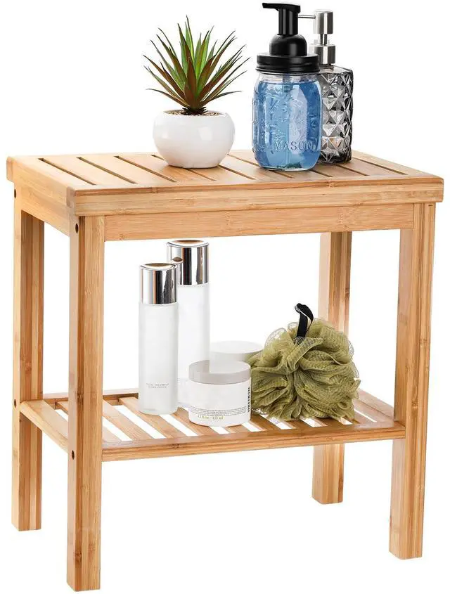 Main image of Bamboo Shower Bench, Bath Seat Stool, Spa Foot Rest Shaving Stool, Storage Shelf for Shampoo Towel, Works in Inside Bathroom, Living Room, Bedroom, Garden Leisure