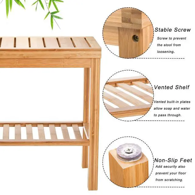 Alt view image 3 of 7 - Bamboo Shower Bench, Bath Seat Stool, Spa Foot Rest Shaving Stool, Storage Shelf for Shampoo Towel, Works in Inside Bathroom, Living Room, Bedroom, Garden Leisure