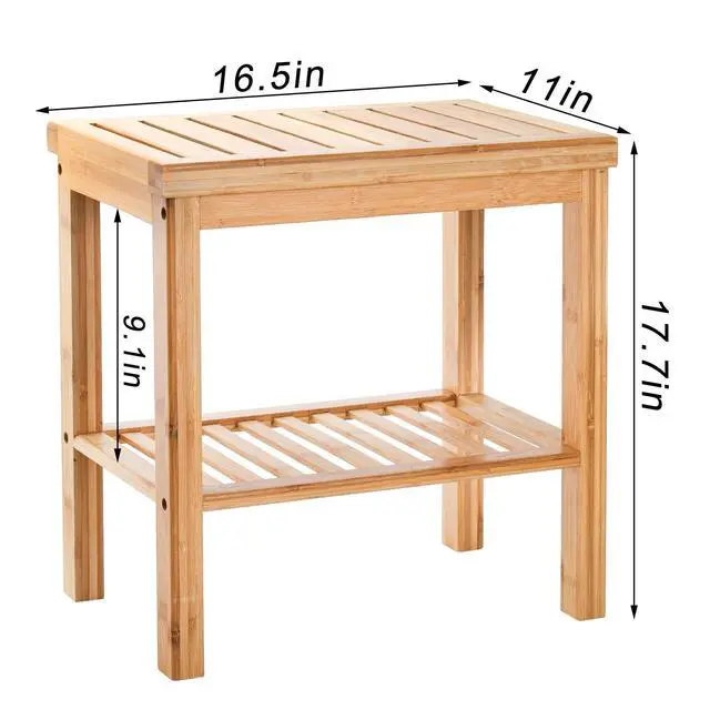 Alt view image 2 of 7 - Bamboo Shower Bench, Bath Seat Stool, Spa Foot Rest Shaving Stool, Storage Shelf for Shampoo Towel, Works in Inside Bathroom, Living Room, Bedroom, Garden Leisure