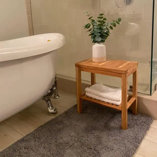 Alt view image 6 of 7 - Bamboo Shower Bench, Bath Seat Stool, Spa Foot Rest Shaving Stool, Storage Shelf for Shampoo Towel, Works in Inside Bathroom, Living Room, Bedroom, Garden Leisure