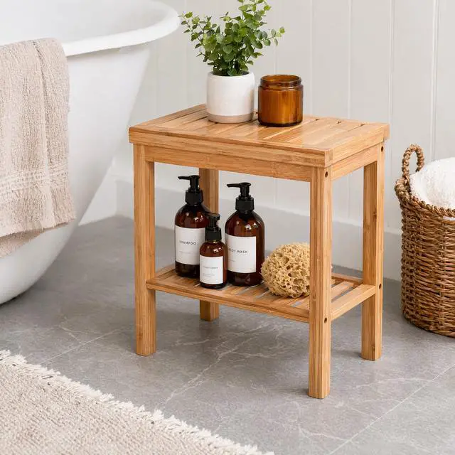 Alt view image 5 of 7 - Bamboo Shower Bench, Bath Seat Stool, Spa Foot Rest Shaving Stool, Storage Shelf for Shampoo Towel, Works in Inside Bathroom, Living Room, Bedroom, Garden Leisure