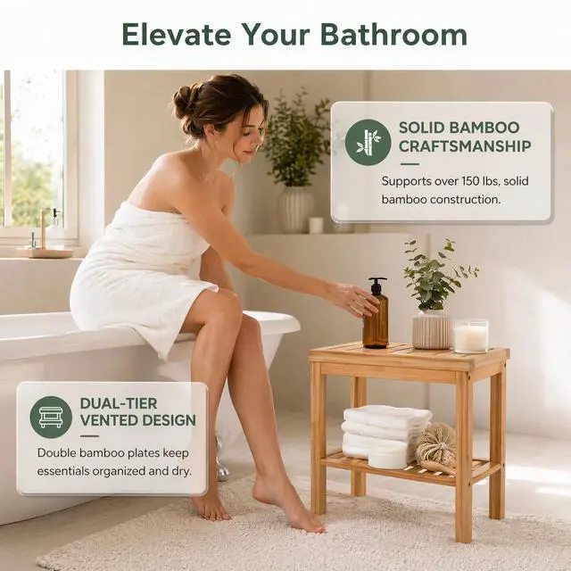 Alt view image 4 of 7 - Bamboo Shower Bench, Bath Seat Stool, Spa Foot Rest Shaving Stool, Storage Shelf for Shampoo Towel, Works in Inside Bathroom, Living Room, Bedroom, Garden Leisure