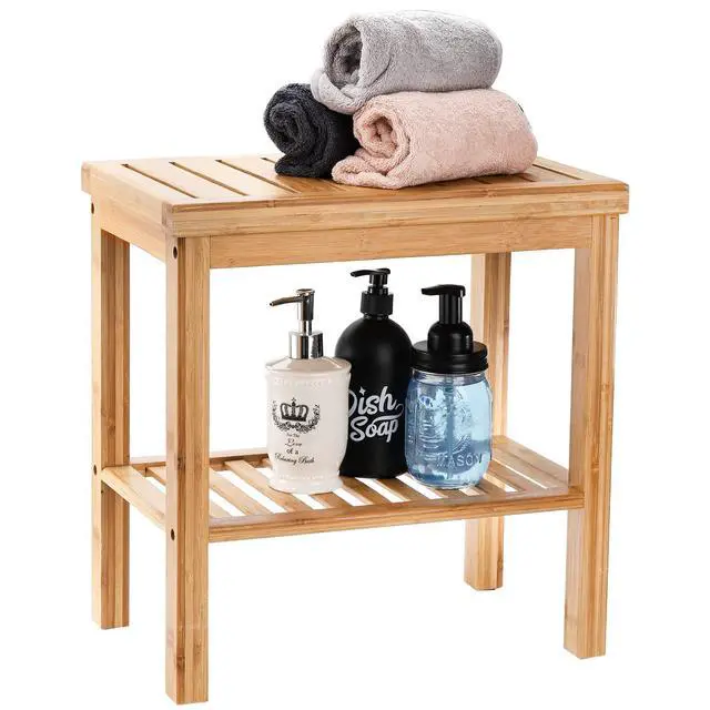 Alt view image 7 of 7 - Bamboo Shower Bench, Bath Seat Stool, Spa Foot Rest Shaving Stool, Storage Shelf for Shampoo Towel, Works in Inside Bathroom, Living Room, Bedroom, Garden Leisure