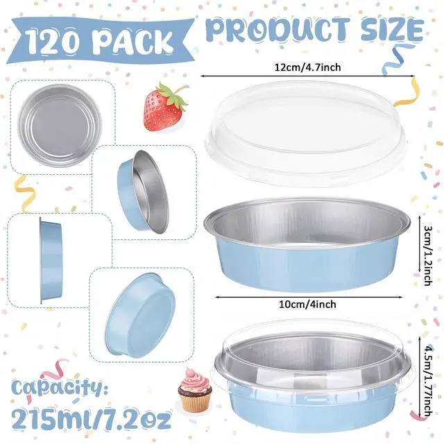Alt view image 2 of 7 - 120 Pcs 8 oz Disposable Creme Brulee Ramekins with Lids, 4 Inch Mini Pie Tins Aluminum Foil Pie Tart Cake Baking Pans Individual Round Containers Oven Safe(Sky Blue)