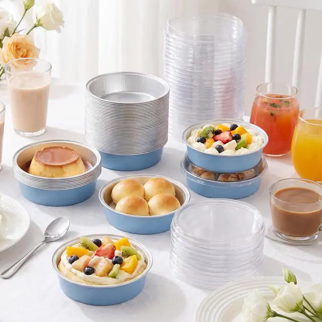 Alt view image 4 of 7 - 120 Pcs 8 oz Disposable Creme Brulee Ramekins with Lids, 4 Inch Mini Pie Tins Aluminum Foil Pie Tart Cake Baking Pans Individual Round Containers Oven Safe(Sky Blue)