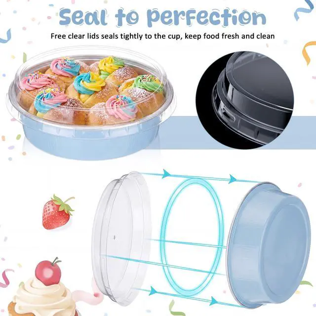 Alt view image 7 of 7 - 120 Pcs 8 oz Disposable Creme Brulee Ramekins with Lids, 4 Inch Mini Pie Tins Aluminum Foil Pie Tart Cake Baking Pans Individual Round Containers Oven Safe(Sky Blue)