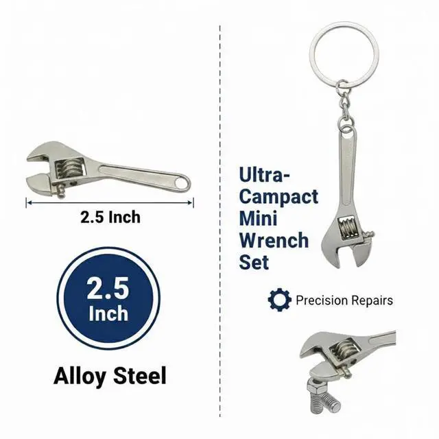 Alt view image 2 of 6 - Tiny Ultra-Compact Mini Wrench Set - 2.5 Inch Alloy Steel - Nice Pendant - Adjustable Crescent Wrenches with Keychain for Minor Precision Repairs - Perfect for a Cute Keychain Accessory