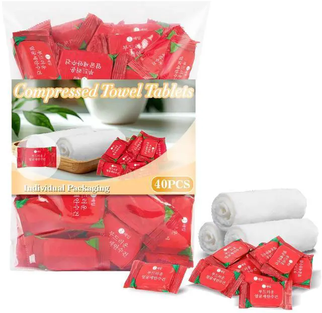 Main image of 40PCS Compressed Towel Tablets - Disposable Face Towels Individually Wrapped, Portable Travel Towels for Camping, Hiking, Makeup Remover & Outdoor Gear