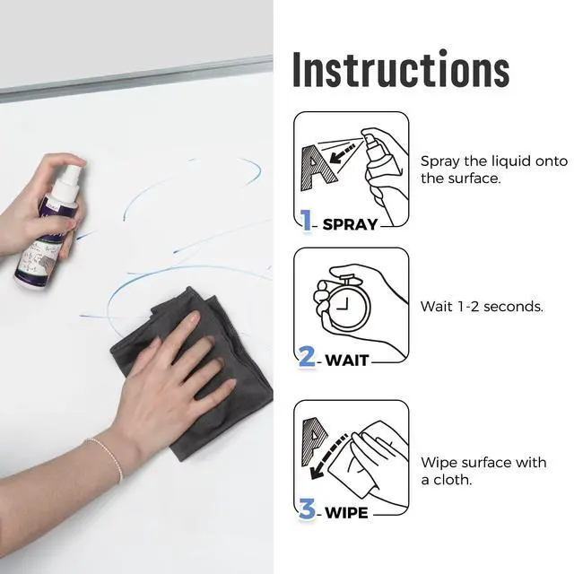 Alt view image 6 of 6 - Non-Toxic Whiteboard Cleaner, 8.5 fl oz Dry Erase Board Cleaner, Low-Odor Whiteboard Cleaning Spray with Cloths, Removes Stubborn Marks from Whiteboards, Chalkboard (6-Pack)
