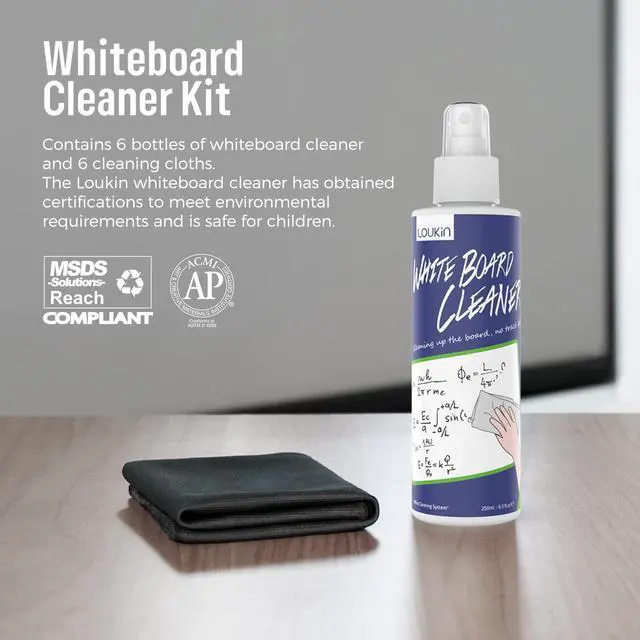 Alt view image 2 of 6 - Non-Toxic Whiteboard Cleaner, 8.5 fl oz Dry Erase Board Cleaner, Low-Odor Whiteboard Cleaning Spray with Cloths, Removes Stubborn Marks from Whiteboards, Chalkboard (6-Pack)