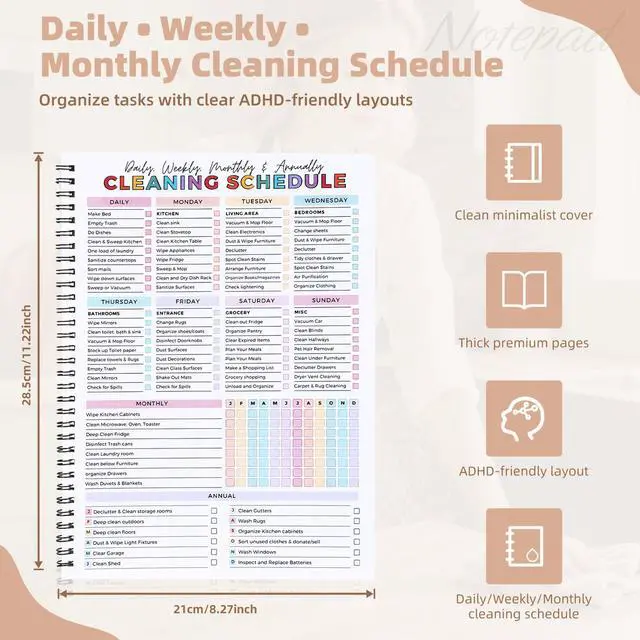 Alt view image 2 of 7 - ADHD Cleaning Planner for Adults Undated Daily, Weekly & Monthly Cleaning Schedule & Checklist Household Chores Organizer Notebook for Home Management, Routine Tracking Family Cleaning Tasks