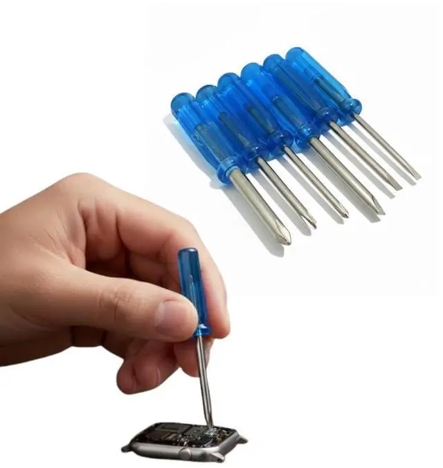 Main image of Mini Screwdriver Set, Pack of 6, Cross and Flat Tip Sizes 3 mm 2 mm 1.6 mm, Repair Tools with Anti-Slip Blue Handle for Eyeglasses, Watches, Laptops, Cameras, Toys, DIY Projects