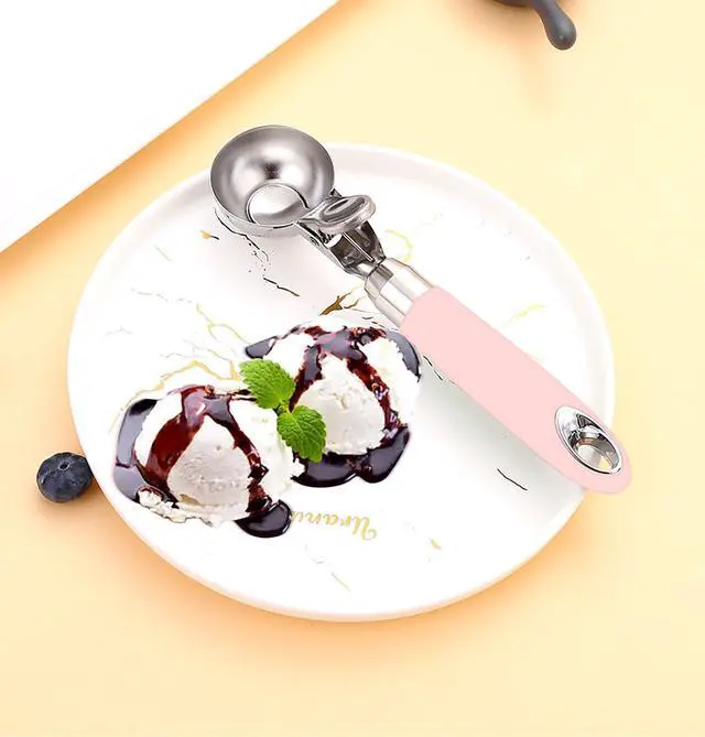 Alt view image 6 of 6 - Ice Cream Scoop with Rubber Handle, 8 Inch Stainless Steel Light Pink Watermelon and Ice Cream Hemisphere Spoon for Kitchen and Outdoors (pink)