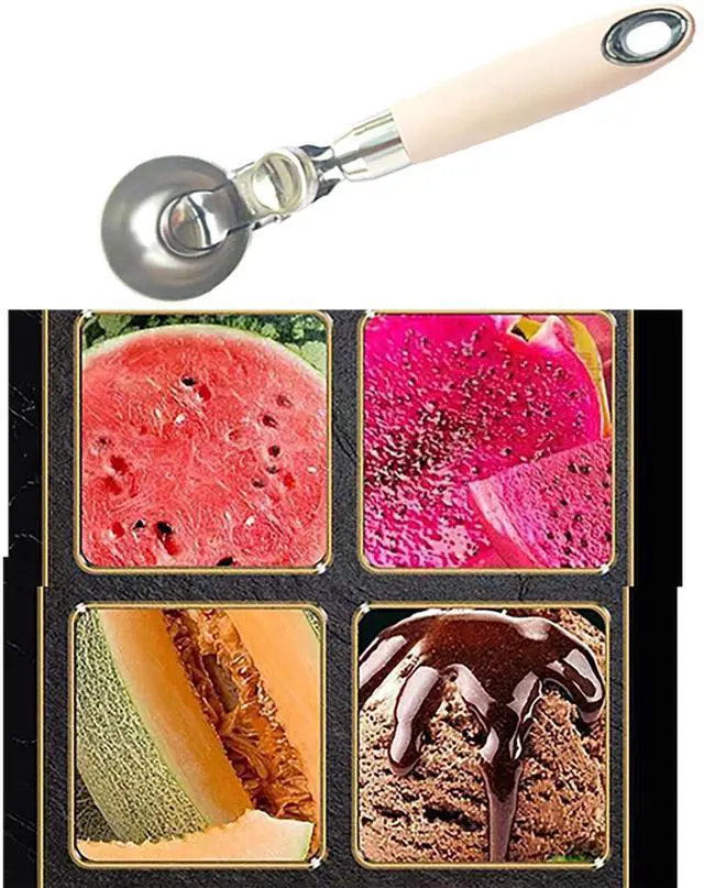 Alt view image 5 of 6 - Ice Cream Scoop with Rubber Handle, 8 Inch Stainless Steel Light Pink Watermelon and Ice Cream Hemisphere Spoon for Kitchen and Outdoors (pink)