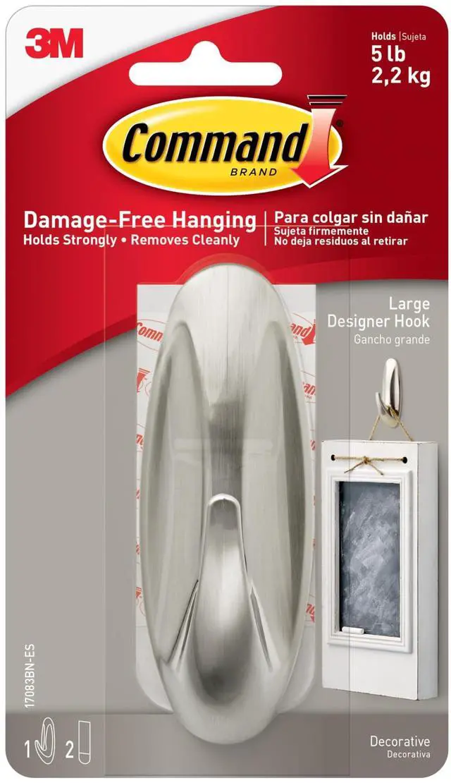 Main image of Command Large Designer Hook, Holds up to 5 lb, 1 Wall Hook with 2 Command Strips, Brushed Nickel Color, Damage Free Hanging Hooks for Hanging Decorations in Living Spaces