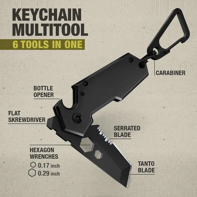 Alt view image 4 of 7 - Knife with Carabiner - 1.3" Tanto Serrated Blade - 6 in 1 Black Multitool - Bottle Opener Box Cutter Liner Lock - EDC Gadgets - Legal Folding Small Pocket Sashimi Knives Pocket - 2248