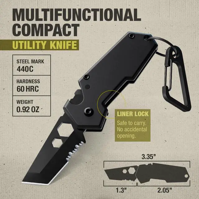 Alt view image 3 of 7 - Knife with Carabiner - 1.3" Tanto Serrated Blade - 6 in 1 Black Multitool - Bottle Opener Box Cutter Liner Lock - EDC Gadgets - Legal Folding Small Pocket Sashimi Knives Pocket - 2248