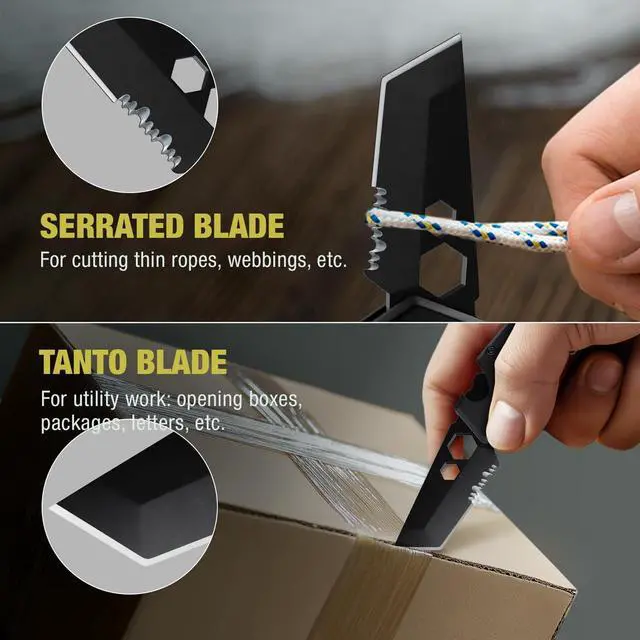 Alt view image 6 of 7 - Knife with Carabiner - 1.3" Tanto Serrated Blade - 6 in 1 Black Multitool - Bottle Opener Box Cutter Liner Lock - EDC Gadgets - Legal Folding Small Pocket Sashimi Knives Pocket - 2248