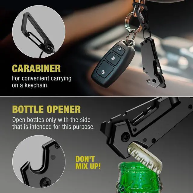 Alt view image 7 of 7 - Knife with Carabiner - 1.3" Tanto Serrated Blade - 6 in 1 Black Multitool - Bottle Opener Box Cutter Liner Lock - EDC Gadgets - Legal Folding Small Pocket Sashimi Knives Pocket - 2248