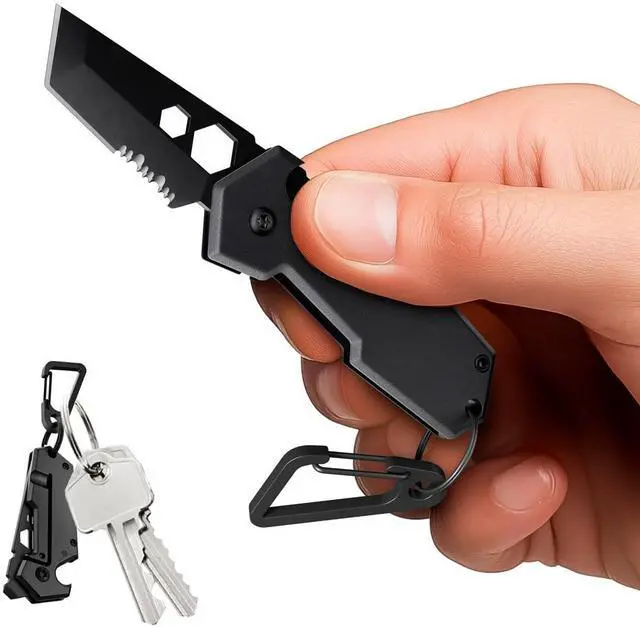 Main image of Knife with Carabiner - 1.3" Tanto Serrated Blade - 6 in 1 Black Multitool - Bottle Opener Box Cutter Liner Lock - EDC Gadgets - Legal Folding Small Pocket Sashimi Knives Pocket - 2248