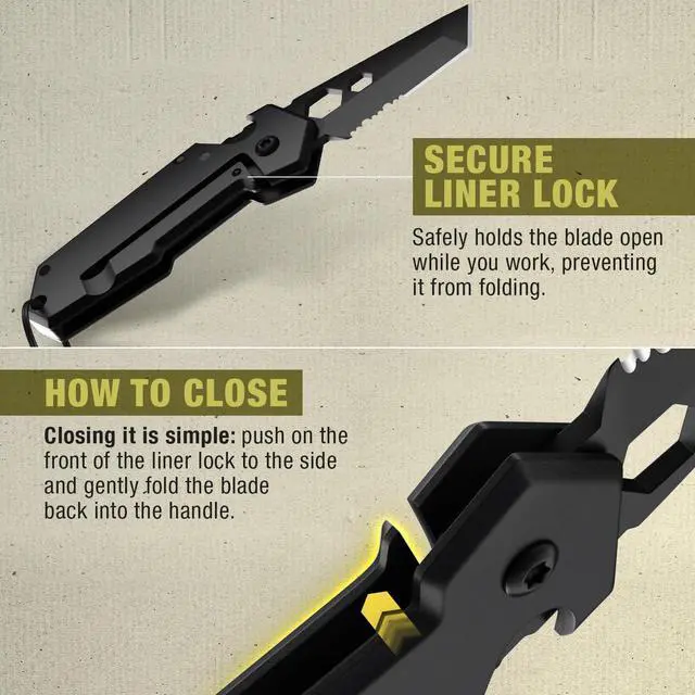 Alt view image 5 of 7 - Knife with Carabiner - 1.3" Tanto Serrated Blade - 6 in 1 Black Multitool - Bottle Opener Box Cutter Liner Lock - EDC Gadgets - Legal Folding Small Pocket Sashimi Knives Pocket - 2248