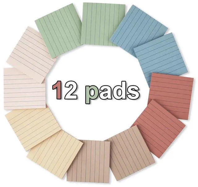 Main image of (12 Pack) Lined Sticky Notes 3x3 in,Notepads with Lines,Ruled Stickies Super Sticking Power,Office School Memo Note Pads Vintage Colors,Post on Windows Doors,Recyclable,Easy to Write on