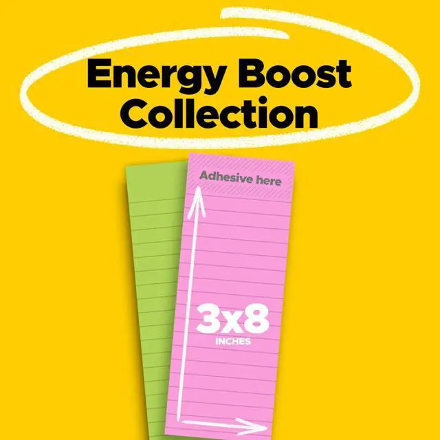 Alt view image 2 of 7 - Super Sticky Notes, 3 in. x 8 in., Energy Boost Collection 2 Pads/Pack, 45 Sheets/Pad Lined, Recyclable, Assorted Colors