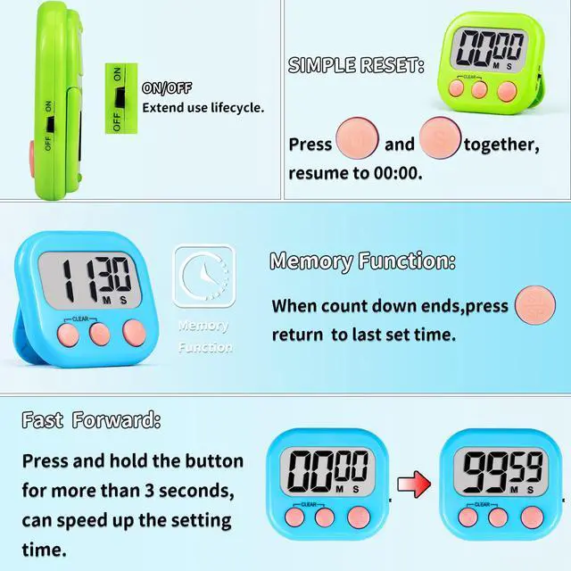 Alt view image 4 of 7 - Timer for Kids Teachers Supplies Digital Kitchen Timers for Cooking Large Magnetic Classroom Timer 2Pack-Blue Green