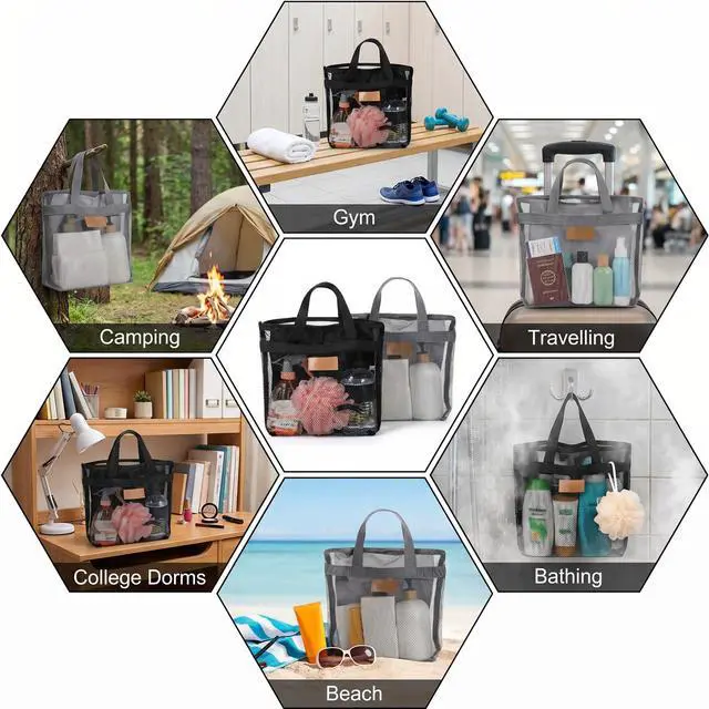 Alt view image 6 of 6 - 2Pcs Mesh Shower Caddy Bag, Portable Gym Shower Bag Quick-Dry Caddy Bath Organizer with Zipper Showers Caddies Household Showers Bags for College Dorm Gym Yoga Swimming Pool Travel
