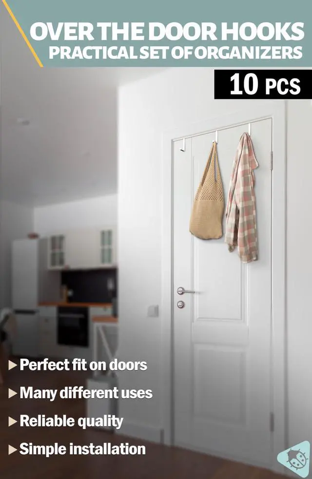 Alt view image 3 of 6 - Set of 10 Over The Door Hooks - White Coat Hanger, 2-Sided Towel Holder fits 1 3/8" & 1 3/4" - Hooks for Hanging with Anti-Scratch Felt Pads, Wreath Hanger with Removable Sticky Non-Slip Dots