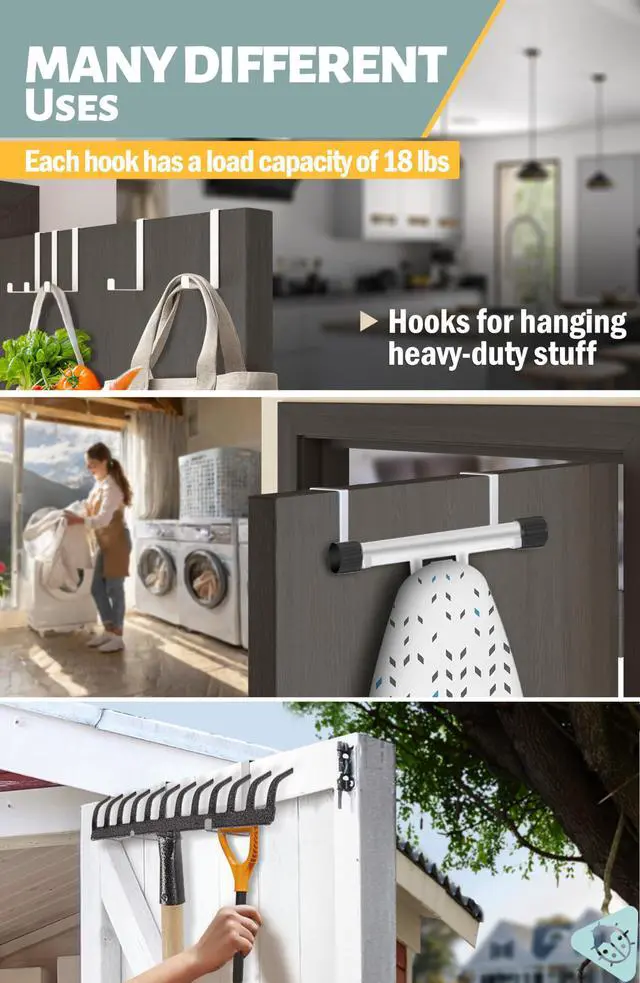 Alt view image 6 of 6 - Set of 10 Over The Door Hooks - White Coat Hanger, 2-Sided Towel Holder fits 1 3/8" & 1 3/4" - Hooks for Hanging with Anti-Scratch Felt Pads, Wreath Hanger with Removable Sticky Non-Slip Dots