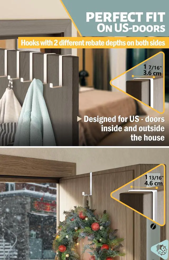 Alt view image 5 of 6 - Set of 10 Over The Door Hooks - White Coat Hanger, 2-Sided Towel Holder fits 1 3/8" & 1 3/4" - Hooks for Hanging with Anti-Scratch Felt Pads, Wreath Hanger with Removable Sticky Non-Slip Dots