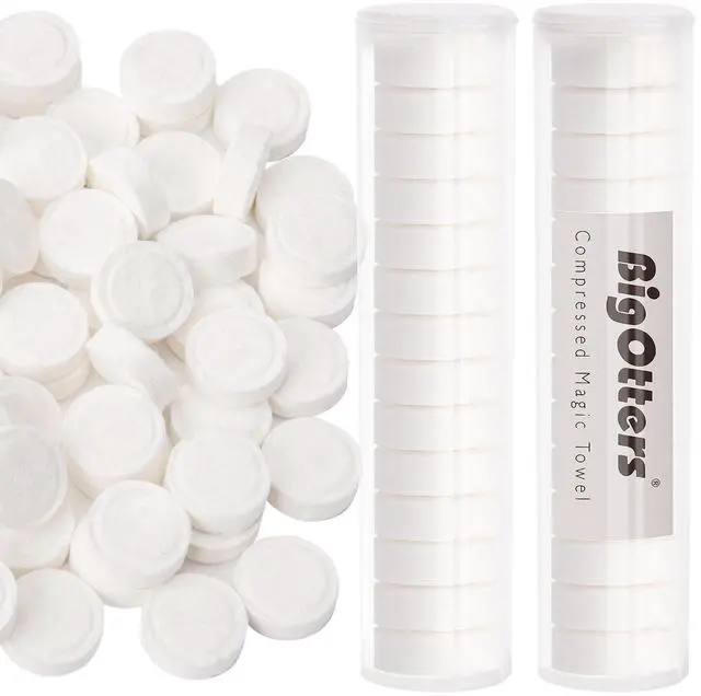 Main image of Compressed Towels, 100PCS D isposable Face Towels for Travel Expandable Wipes Tablets with 2PCS Tube Containers for Survival Gear and Supplies Outdoors Camping Hiking Hotel