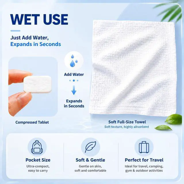 Alt view image 4 of 6 - 45PCS Compressed Towels for Travel, Disposable Face Towels & Face Wipes, Extra Thick Compressed Towel Tablets, Travel Washcloths for Camping, Outdoor, Hotel, Face & Body Care