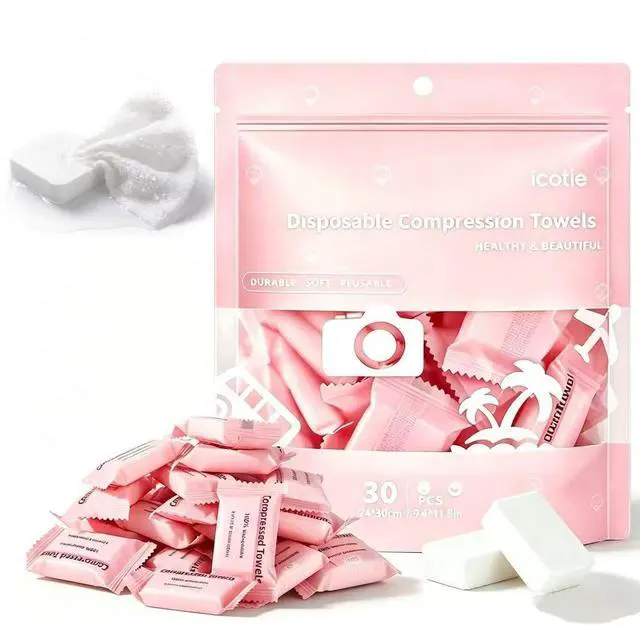 Main image of Compressed Towel Tablets, Individually Packaged Disposable Face Towels, Soft Portable Cotton Coin Tissues for Travel, Home, Outdoor & Makeup Removal (30 PCS)