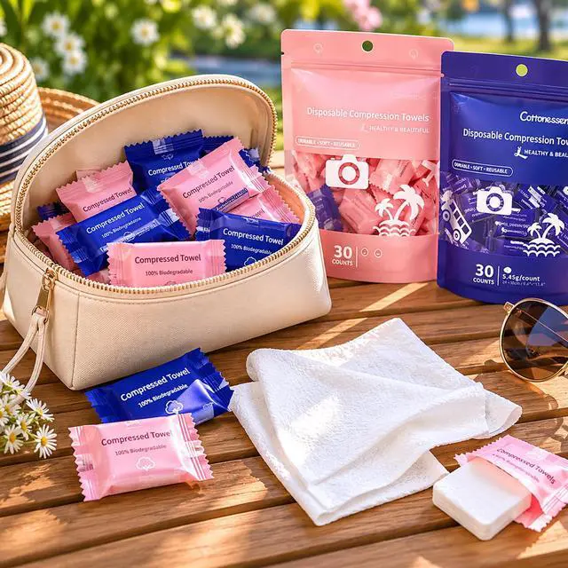Alt view image 7 of 7 - Compressed Towel Tablets, Individually Packaged Disposable Face Towels, Soft Portable Cotton Coin Tissues for Travel, Home, Outdoor & Makeup Removal (30 PCS)