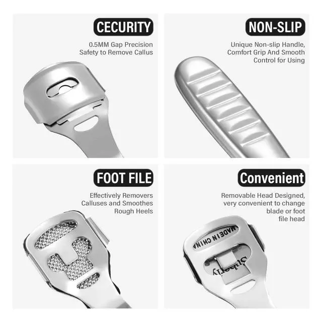 Alt view image 3 of 6 - 24 Pieces Callus Shaver Set, 20 Replacement Slices Blades 2 Callus Shavers and 2 Foot File Head Foot Care Tools Steel Handle Hard Skin Remover for Hand Feet (Grooved Handle)