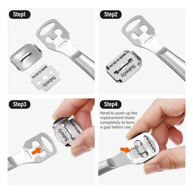 Alt view image 4 of 6 - 24 Pieces Callus Shaver Set, 20 Replacement Slices Blades 2 Callus Shavers and 2 Foot File Head Foot Care Tools Steel Handle Hard Skin Remover for Hand Feet (Grooved Handle)