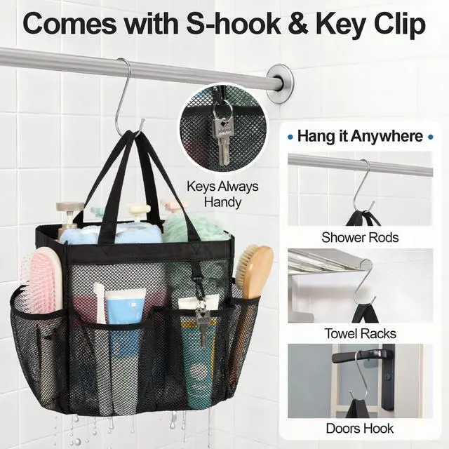 Alt view image 7 of 7 - Shower Caddy Portable - 8 Pockets, S-Hook, Shower Bag for Dorm Camping