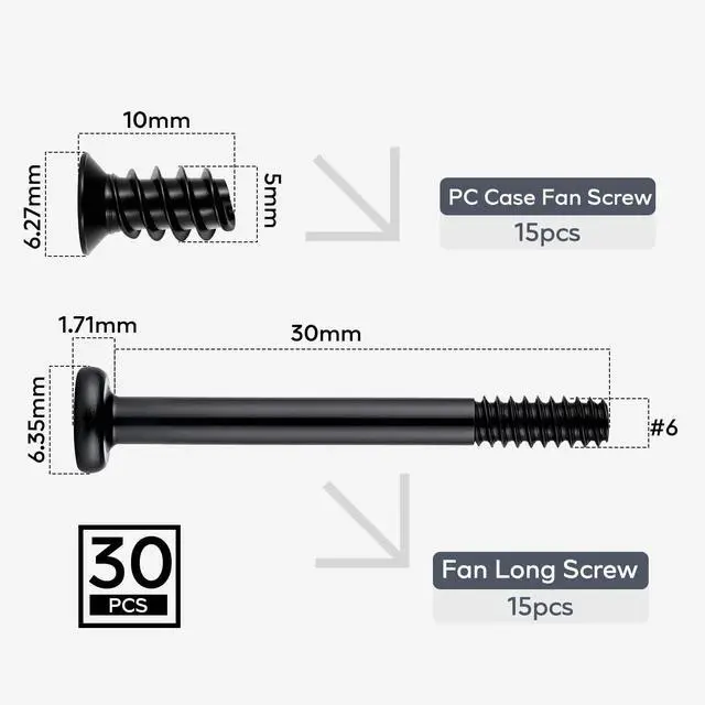 Alt view image 3 of 6 - 30PCS Computer PC Fan Screws Kit for Computer Cooling Fan Mount with Long & Short Tapping Stainless Steel Screws (#6-32x30mm 15 Pcs / M5x10mm 15 Pcs)