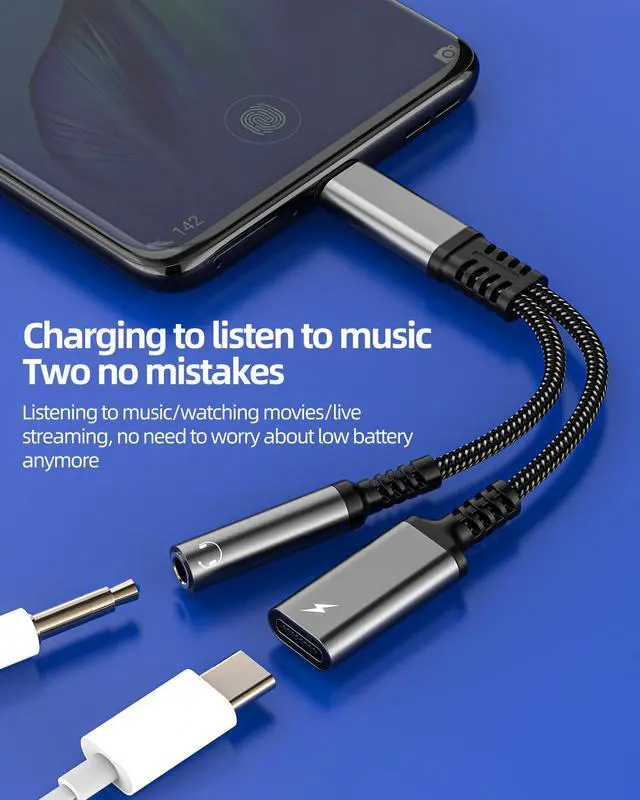 Alt view image 2 of 6 - USB C to 3.5mm Headphone Jack Adapter(2 in 1) Charging Port for iPhone 16 15 Pro Max Compatible for Samsung S24 S23 Type C AUX DAC Stereo Audio Cable Earphone Splitter Android Cord Converter