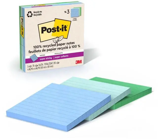 Main image of 100% Recycled Super Sticky Notes, 3 x 3 in, Pastels, 24 Lined Pads