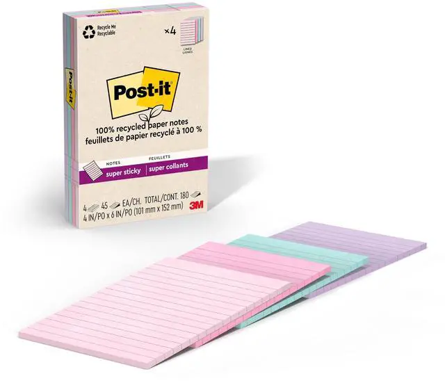 Main image of 100% Recycled Paper Super Sticky Notes, Lined, 4 in. x 6 in., 4 Pads, 45 Sheets per Pad, Wanderlust Pastels, School Supplies and Office Products